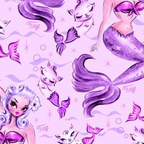  Large - Pinup Mermaid with Merkittens-PURPLE