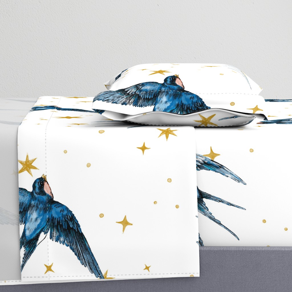 8 inch swallow birds in stars on white, Large scale, curtains, gender neutral baby, nursery, Home decor, magical, astrology, constellation, hand drawn