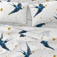 8 inch swallow birds in stars on white, Large scale, curtains, gender neutral baby, nursery, Home decor, magical, astrology, constellation, hand drawn