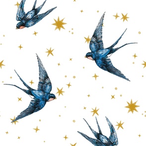 Large swallow birds in stars on white, Large scale, curtains, gender neutral baby, nursery, Home decor, magical, astrology, constellation, hand drawn