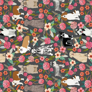 LARGE - dogs and florals fabric pets and flowers quilting fabric - grey