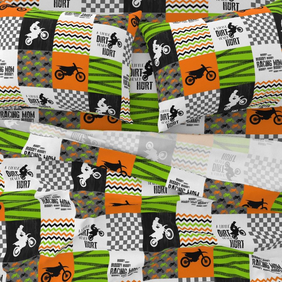 Motocross//Racing Mom//A little Dirt Never Hurt - Lime/Orange - Wholecloth Cheater Quilt