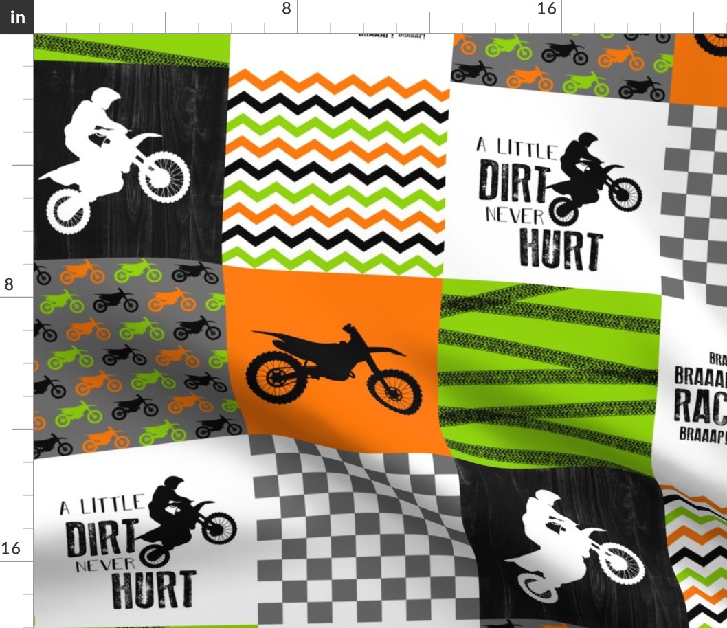 Motocross//Racing Mom//A little Dirt Never Hurt - Lime/Orange - Wholecloth Cheater Quilt