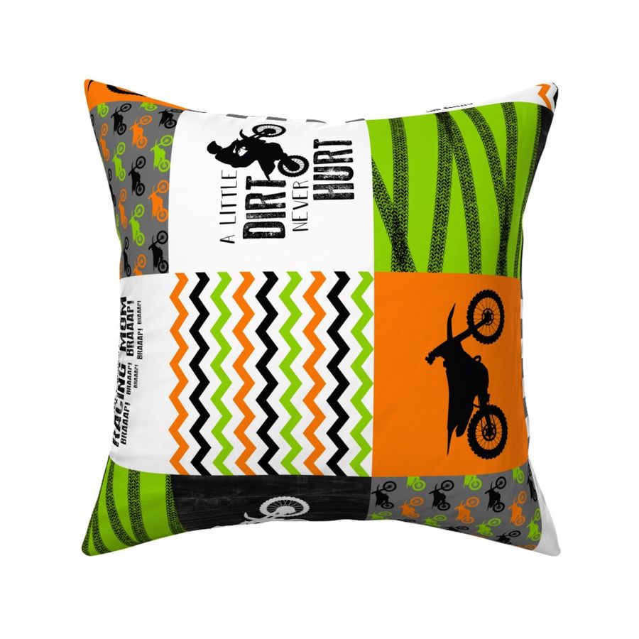 Motocross//Racing Mom//A little Dirt Never Hurt - Lime/Orange - Wholecloth Cheater Quilt - Rotated