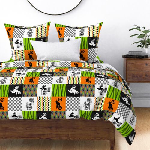 Motocross//Racing Mom//A little Dirt Never Hurt - Lime/Orange - Wholecloth Cheater Quilt - Rotated