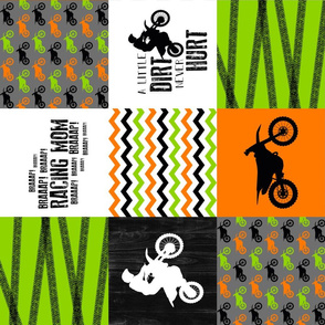 Motocross//Racing Mom//A little Dirt Never Hurt - Lime/Orange - Wholecloth Cheater Quilt - Rotated