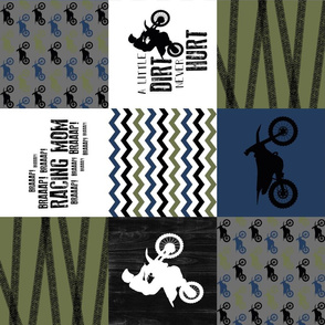 Motocross//Racing Mom//A little Dirt Never Hurt - Navy/Olive - Wholecloth Cheater Quilt - Rotated