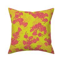 coral chinoiserie flower on neon yellow
