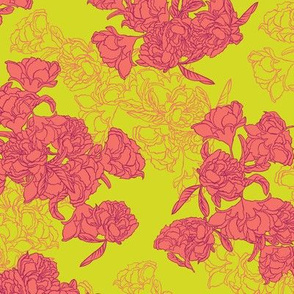 coral chinoiserie flower on neon yellow