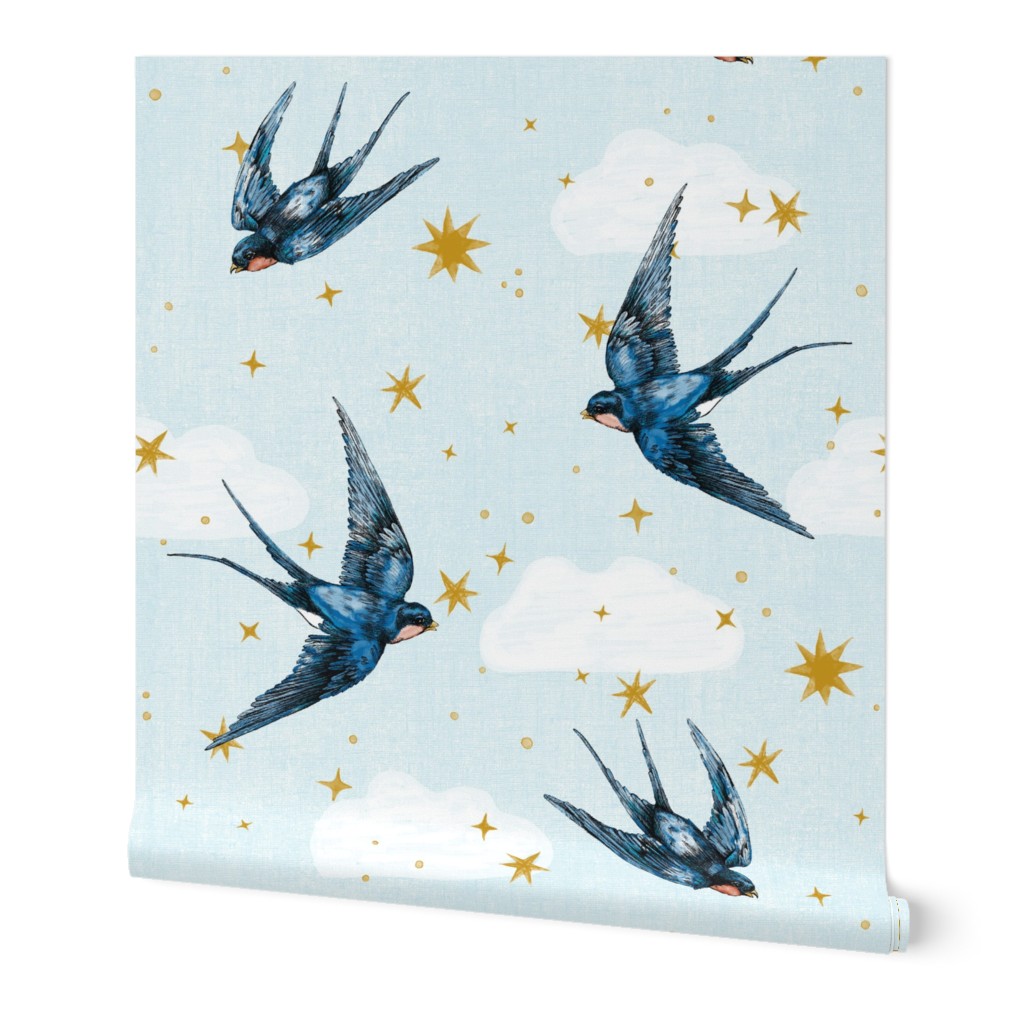  large swallow birds in stars and clouds on light blue 