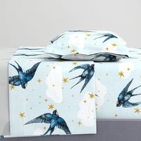  large swallow birds in stars and cloud on light blue // celestial, baby blue,  blue wallpaper,  painted hand drawn, gender neutral nursery, kids home decor