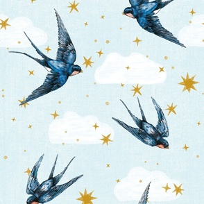 large swallow birds in stars and cloud on light blue // celestial, baby blue,  blue wallpaper,  painted hand drawn, gender neutral nursery, kids home decor