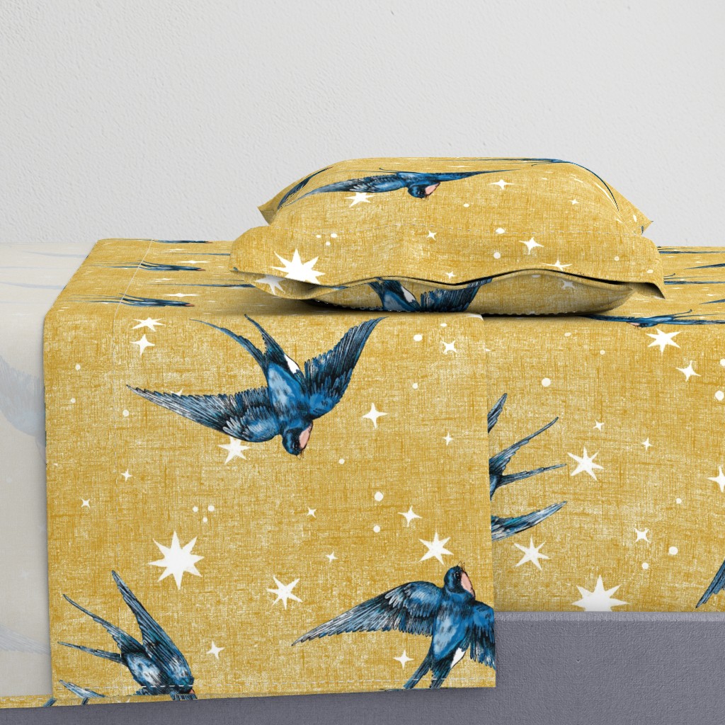 8 inch swallow birds in celestial stars on Gold // Mustard, linen, astrology, constellations, hand drawn, whimsical stars