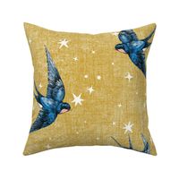 8 inch swallow birds in celestial stars on Gold // Mustard, linen, astrology, constellations, hand drawn, whimsical stars