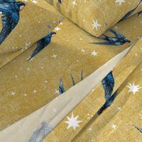 8 inch swallow birds in celestial stars on Gold // Mustard, linen, astrology, constellations, hand drawn, whimsical stars