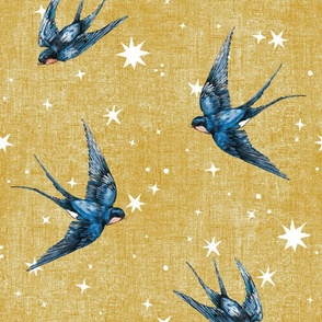 Large  swallow birds in celestial stars on Gold // Mustard, linen, astrology, constellations, hand drawn, whimsical stars