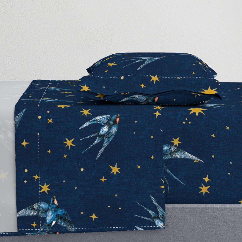 8 inch magical swallow birds in stars hand drawn, night sky, constellation, astrology on dark blue  large scale,  nursery, home decor