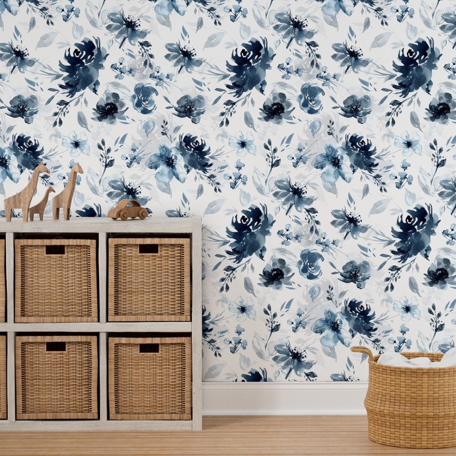 Monochromatic Blue Floral Wallpaper 