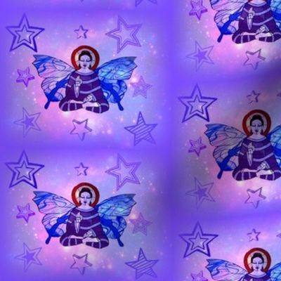 Stain Glass Purple and Lavendar Buddha with Blue and clear white Butterfly wings
