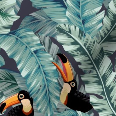 Tropical Toucans on Banana Leaves