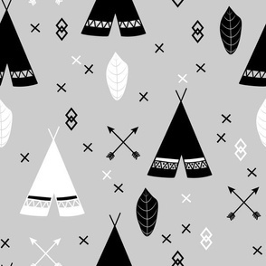 Adventure Teepee Arrow Feather - Gray Black and White