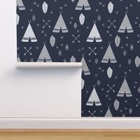 Adventure Teepee Arrow Feather - Navy Gray and White