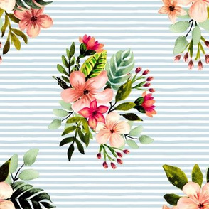 Hawaiian Tropical Bouquet // Light Blue Stripes