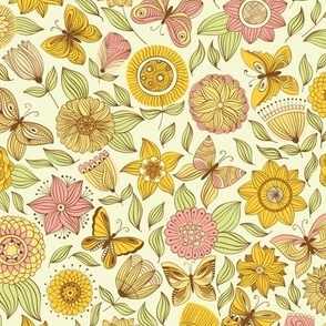 Yellow Fantasy Butterflies  And Flowers Seamless