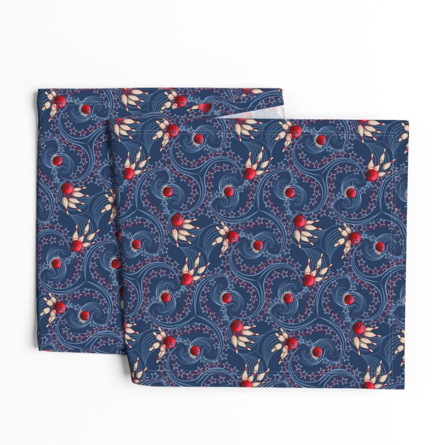 ★ BOWLING STRIKE ★ Navy Blue & Red – Small Scale / Collection : Rockabilly Style - Retro 50s Prints