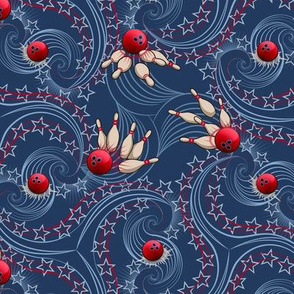 ★ BOWLING STRIKE ★ Navy Blue & Red – Small Scale / Collection : Rockabilly Style - Retro 50s Prints