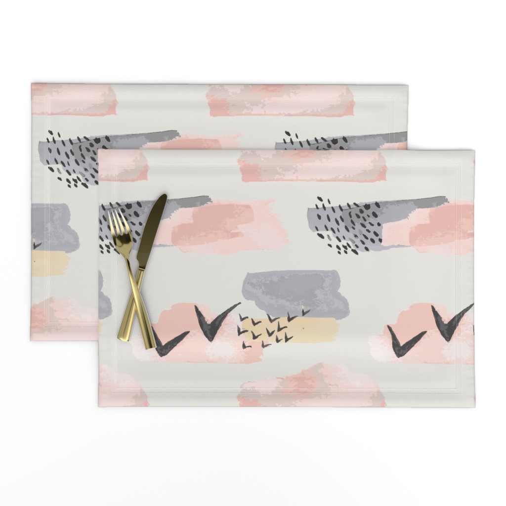 Minimal Grey Pink Mustard Pastel Watercolor Abstract Cloudy and Swallows Shapes