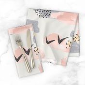 Minimal Grey Pink Mustard Pastel Watercolor Abstract Cloudy and Swallows Shapes