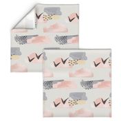 Minimal Grey Pink Mustard Pastel Watercolor Abstract Cloudy and Swallows Shapes