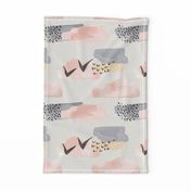 Minimal Grey Pink Mustard Pastel Watercolor Abstract Cloudy and Swallows Shapes