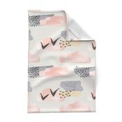 Minimal Grey Pink Mustard Pastel Watercolor Abstract Cloudy and Swallows Shapes