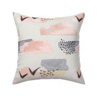 Minimal Grey Pink Mustard Pastel Watercolor Abstract Cloudy and Swallows Shapes