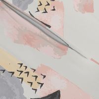 Minimal Grey Pink Mustard Pastel Watercolor Abstract Cloudy and Swallows Shapes