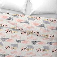 Minimal Grey Pink Mustard Pastel Watercolor Abstract Cloudy and Swallows Shapes