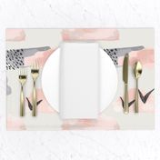 Minimal Grey Pink Mustard Pastel Watercolor Abstract Cloudy and Swallows Shapes