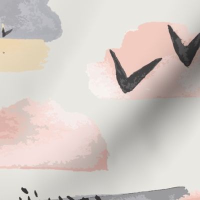 Minimal Grey Pink Mustard Pastel Watercolor Abstract Cloudy and Swallows Shapes