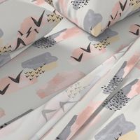 Minimal Grey Pink Mustard Pastel Watercolor Abstract Cloudy and Swallows Shapes