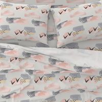 Minimal Grey Pink Mustard Pastel Watercolor Abstract Cloudy and Swallows Shapes