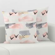 Minimal Grey Pink Mustard Pastel Watercolor Abstract Cloudy and Swallows Shapes