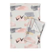 Minimal Grey Pink Mustard Pastel Watercolor Abstract Cloudy and Swallows Shapes