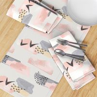 Minimal Grey Pink Mustard Pastel Watercolor Abstract Cloudy and Swallows Shapes