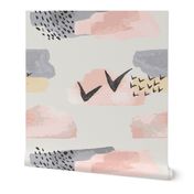 Minimal Grey Pink Mustard Pastel Watercolor Abstract Cloudy and Swallows Shapes