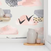 Minimal Grey Pink Mustard Pastel Watercolor Abstract Cloudy and Swallows Shapes