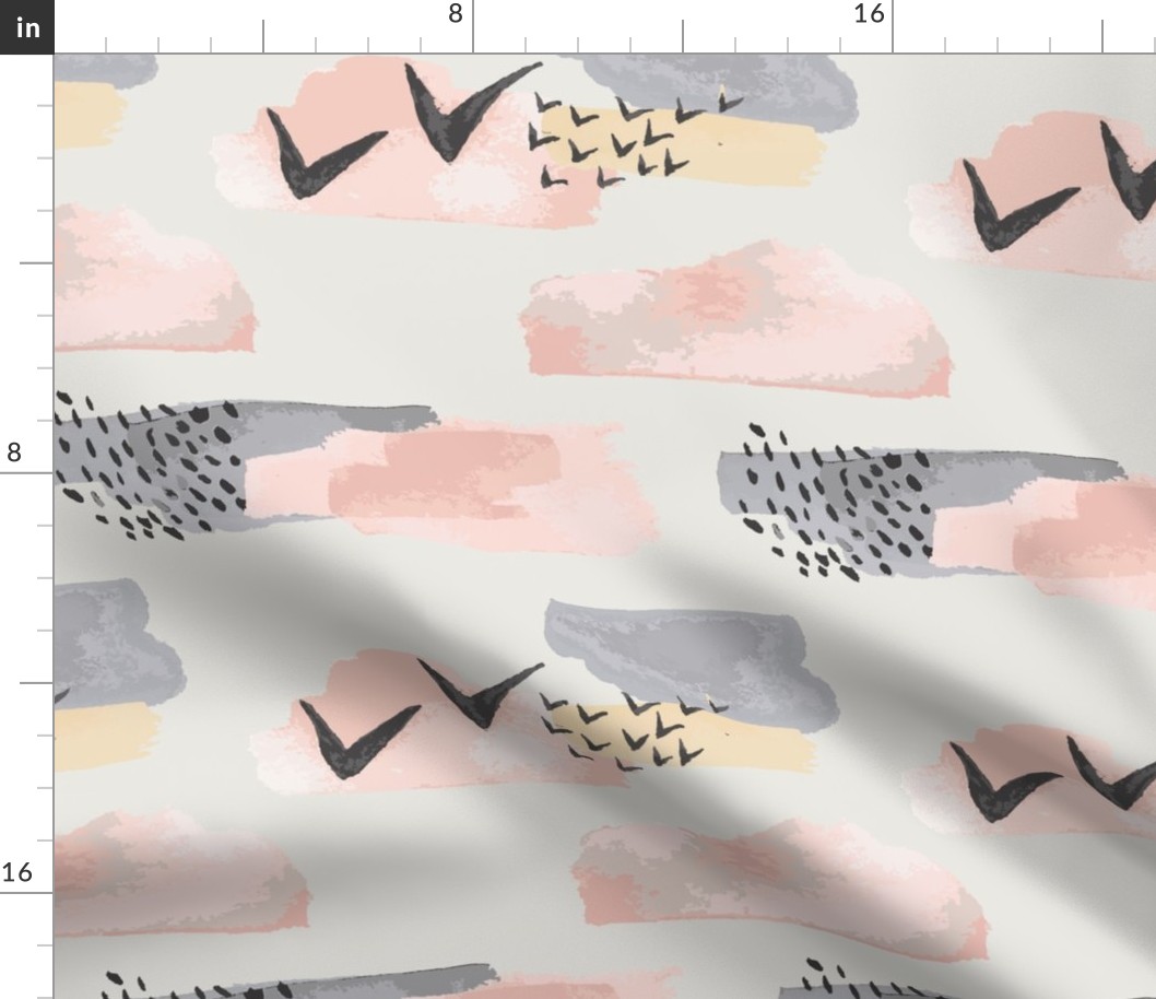 Minimal Grey Pink Mustard Pastel Watercolor Abstract Cloudy and Swallows Shapes