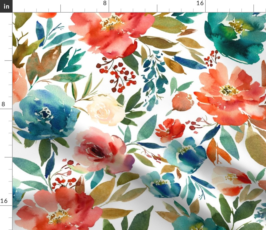 Large // Coral and Sapphire Watercolor Florals