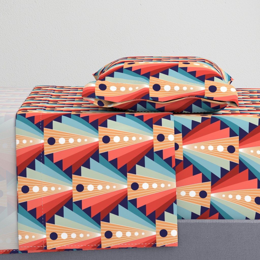 Geometric fan-retro-L-coral/pine/blue